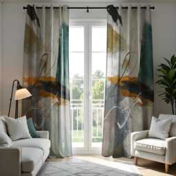 Abstract Art Curtains, Geometric Modern Drapes in Teal & Mustard, Minimalist Artistic Window Treatments, Custom Sizes Available - thumbnail 2