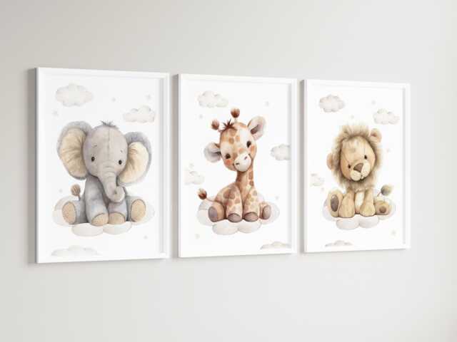 Safari Giraffe Lion Elephant Animal Baby Girls Boys A4 Or A3 Nursery Set Of Unframed Prints Unisex Neutral Cloud Beige Zoo Jungle - image 1