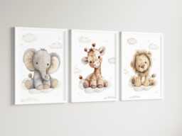 Safari Giraffe Lion Elephant Animal Baby Girls Boys A4 Or A3 Nursery Set Of Unframed Prints Unisex Neutral Cloud Beige Zoo Jungle - thumbnail 1
