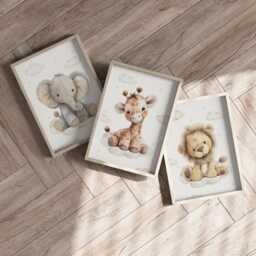 Safari Giraffe Lion Elephant Animal Baby Girls Boys A4 Or A3 Nursery Set Of Unframed Prints Unisex Neutral Cloud Beige Zoo Jungle - thumbnail 3