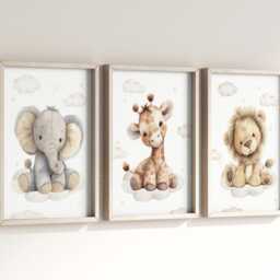 Safari Giraffe Lion Elephant Animal Baby Girls Boys A4 Or A3 Nursery Set Of Unframed Prints Unisex Neutral Cloud Beige Zoo Jungle - thumbnail 2