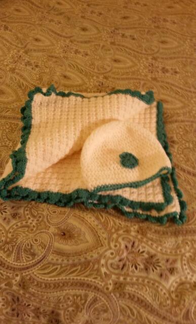 Crochet White With Green Trim Baby Blanket Set, Blanket, Shower, House Warming, Gifts For Her, Him. Ready To Ship - image 1