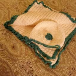 Crochet White With Green Trim Baby Blanket Set, Blanket, Shower, House Warming, Gifts For Her, Him. Ready To Ship - thumbnail 2