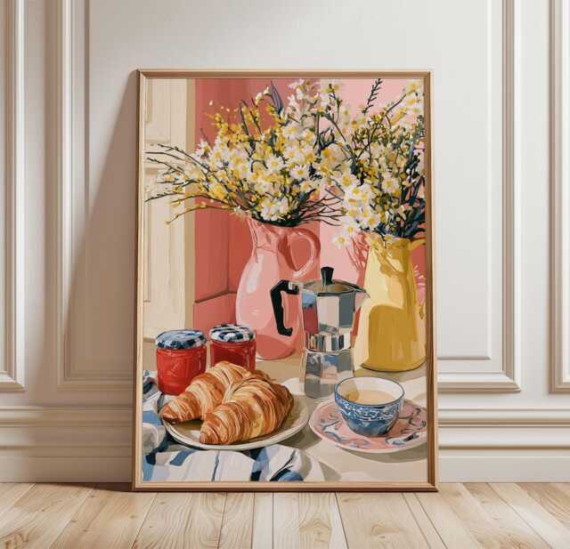 Croissant Breakfast Poster, French Caf?? Print, Kitchen Wall Art - image 1