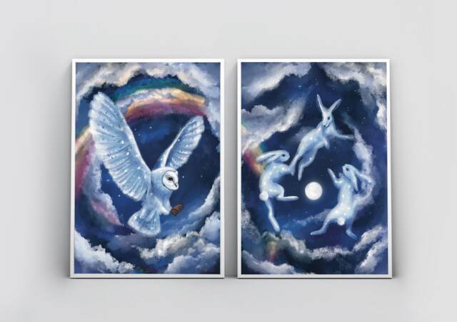 Set Of 2 Art Prints - Owl Hare Art Blue Dreamy Print Rainbow Fantasy Poster Wall Nursery Home Decor - image 1