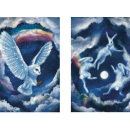 Set Of 2 Art Prints - Owl Hare Art Blue Dreamy Print Rainbow Fantasy Poster Wall Nursery Home Decor - thumbnail 2
