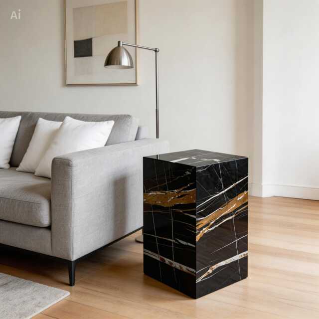 Laurent Black & Gold Marble Side Table - Plinth Pedestal Nightstand - image 1