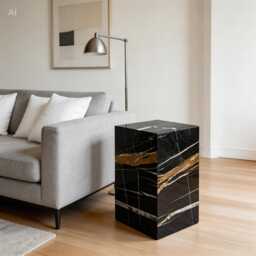Laurent Black & Gold Marble Side Table - Plinth Pedestal Nightstand - thumbnail 1