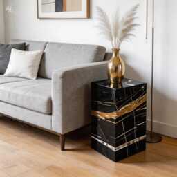 Laurent Black & Gold Marble Side Table - Plinth Pedestal Nightstand - thumbnail 2