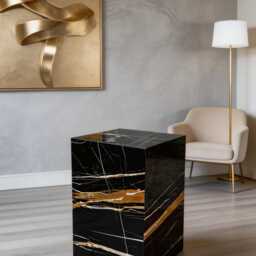 Laurent Black & Gold Marble Side Table - Plinth Pedestal Nightstand - thumbnail 3