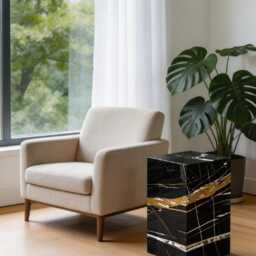 Laurent Black & Gold Marble Side Table - Plinth Pedestal Nightstand - thumbnail 4