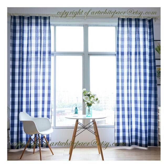 Window Curtain Panel/Window Valance/Cafe Curtain/Bathroom Shower Curtain/Bedroom Drape/Children Playroom-Buffalo Check Navy, 6 Color, Freegift - image 1