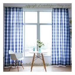 Navy Buffalo Check Cotton Curtain Panel, Rod Pocket Or Tab Top