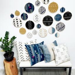 African Mudcloth Gallery Wall Hanging Decor Set, Wood Circle Frames, Modern Boho, Authentic Vintage Textile Art - thumbnail 2