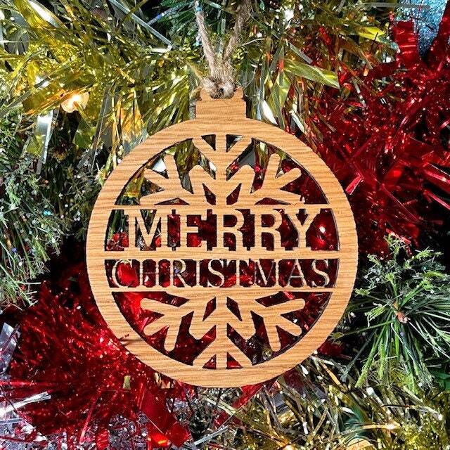 Wooden Merry Christmas Tree Decoration - Beautiful Xmas Snowflake Available in Oak, Walnut Cherry Wood -Or- Silver, Gold, Red, Green Glitter - image 1