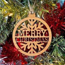 Wooden Merry Christmas Tree Decoration - Beautiful Xmas Snowflake Available in Oak, Walnut Cherry Wood -Or- Silver, Gold, Red, Green Glitter - thumbnail 1