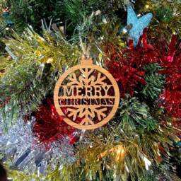 Wooden Merry Christmas Tree Decoration - Beautiful Xmas Snowflake Available in Oak, Walnut Cherry Wood -Or- Silver, Gold, Red, Green Glitter - thumbnail 2