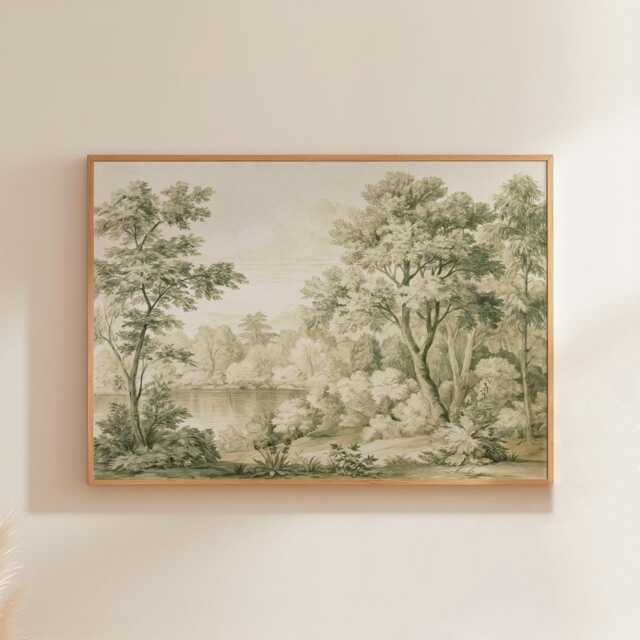 Woodland Lake Poster, Green Nature Print, Botanical Wall Art, Paper - image 1