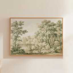 Woodland Lake Poster, Green Nature Print, Botanical Wall Art, Paper - thumbnail 1