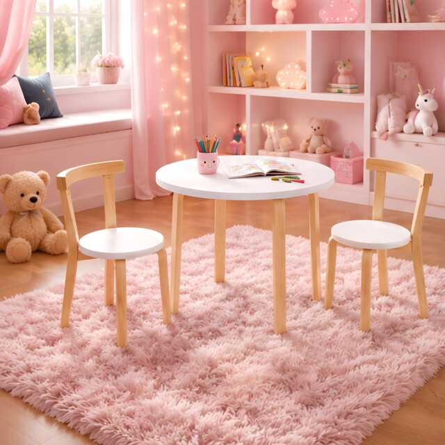 Wooden Kids Table Chair Set Round Toddler Activity Desk 60x60x50cm White Natural Playroom Furniture - image 1