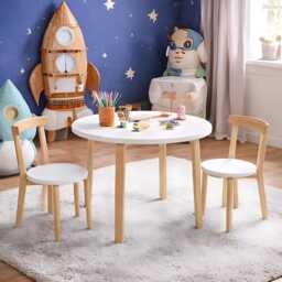 Wooden Kids Table Chair Set Round Toddler Activity Desk 60x60x50cm White Natural Playroom Furniture - thumbnail 2