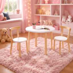 Wooden Kids Table Chair Set Round Toddler Activity Desk 60x60x50cm White Natural Playroom Furniture - thumbnail 1