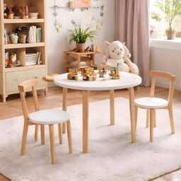 Wooden Kids Table Chair Set Round Toddler Activity Desk 60x60x50cm White Natural Playroom Furniture - thumbnail 3