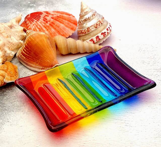 Handmade Fused Glass Rainbow Striped Soap Dish - Colourful Decor Brightly Coloured Gift Multicoloured Holder - image 1