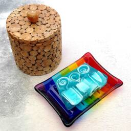 Handmade Fused Glass Rainbow Striped Soap Dish - Colourful Decor Brightly Coloured Gift Multicoloured Holder - thumbnail 4