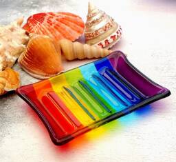 Handmade Fused Glass Rainbow Striped Soap Dish - Colourful Decor Brightly Coloured Gift Multicoloured Holder