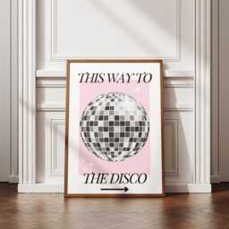 This Way To The Disco Poster Pink Ball Design Home Decor, Modern Cool Print, Kitchen Wall Art, Vibrant Poster, Fun - thumbnail 1