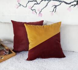 Claret Red & Yellow Velvet Pillow Cover Diagonal Scandinavian Decor - thumbnail 1