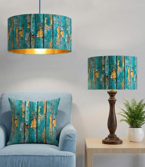 Handmade By Order Jade Teal Yellow Peeling Paint Art On Antique Wooden Panels Print Velvet Drum Lamp Shade Pendant Light - image 1