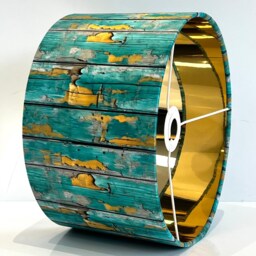Handmade By Order Jade Teal Yellow Peeling Paint Art On Antique Wooden Panels Print Velvet Drum Lamp Shade Pendant Light - thumbnail 2