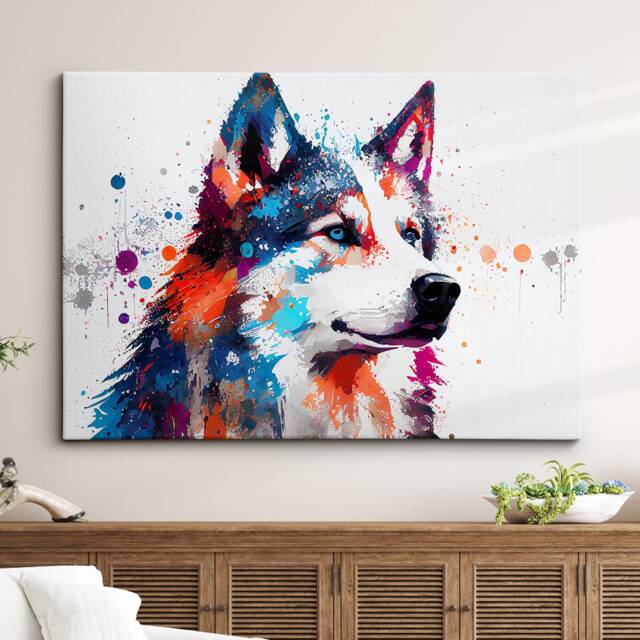 Siberian Husky Abstract Dog Pet Animal Painting Splatter Wall Art, Framed Canvas Poster Print, Home Kitchen Office Room Decor, Gifts - image 1