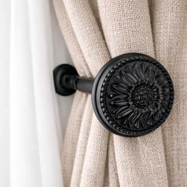 Matt Black Flower Metal Curtain Holdback - 120mm Tieback, Pullback, Drapery Holder, Tie - Set Of 1 - image 1