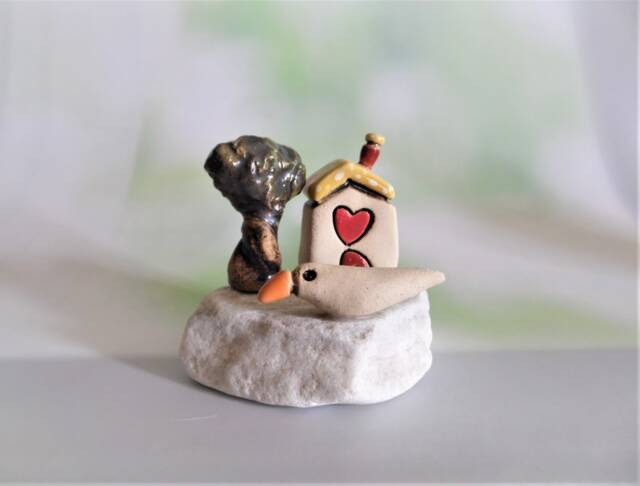 Miniature Ceramic House Sculpture Clay Olive Tree & Bird On Quartz Stone - image 1
