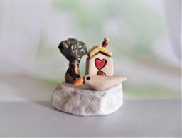 Miniature Ceramic House Sculpture Clay Olive Tree & Bird On Quartz Stone - thumbnail 1