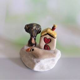 Miniature Ceramic House Sculpture Clay Olive Tree & Bird On Quartz Stone - thumbnail 3