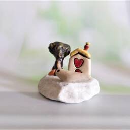 Miniature Ceramic House Sculpture Clay Olive Tree & Bird On Quartz Stone - thumbnail 2