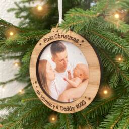 Personalised First Christmas Photo Bauble Mummy & Daddy, Oak Wood Frame - thumbnail 2