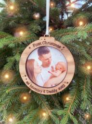 Personalised First Christmas Photo Bauble Mummy & Daddy, Oak Wood Frame