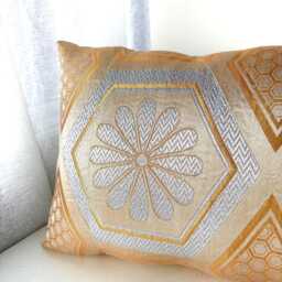 Extra Long Lumbar Golden Brocade Pillow Case, Japanese Vintage Obi Sofa Bedding Beige Green Throw Pillow, 12x 48 Kimono Bed Cushion - thumbnail 3