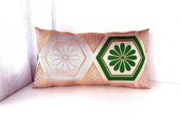 Extra Long Lumbar Golden Brocade Pillow Case, Japanese Vintage Obi Sofa Bedding Beige Green Throw Pillow, 12x 48 Kimono Bed Cushion - thumbnail 1