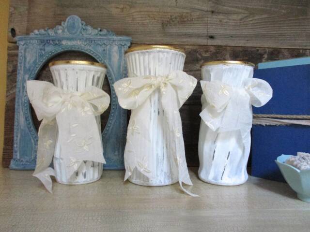 3 White Hand Painted Glass Vases With Gold Leafing/Wedding Shabby Chic Beach Cottage French Farmhouse - image 1