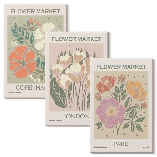 Canvas Wall Art Set Of 3 - Floral Posters Copenhagen London Paris, Pink Photo Print, Plants & Flowers Hanging Piece - image 1
