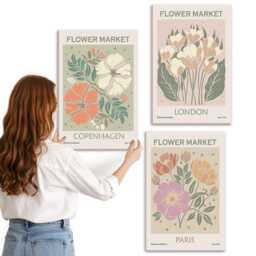 Canvas Wall Art Set Of 3 - Floral Posters Copenhagen London Paris, Pink Photo Print, Plants & Flowers Hanging Piece - thumbnail 2