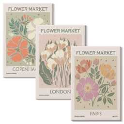 Canvas Wall Art Set Of 3 - Floral Posters Copenhagen London Paris, Pink Photo Print, Plants & Flowers Hanging Piece