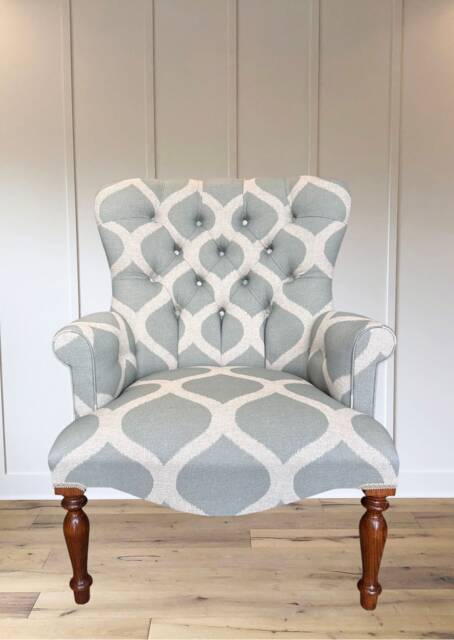 Armchair Chair Seat in A Duck Egg Printed Geometric Design On Washed Linen - image 1