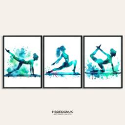 Pilates Studio Print - Set Of 3 Wall Art - Blue Watercolor Painting Artwork Picture Home Gifts Yoga Poster - thumbnail 1